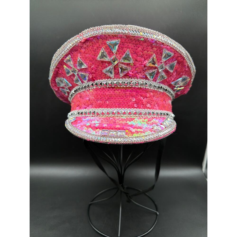 Pink Sequin Rhinestone Captain Hat Jeweled Festival Rave Burning Man Military